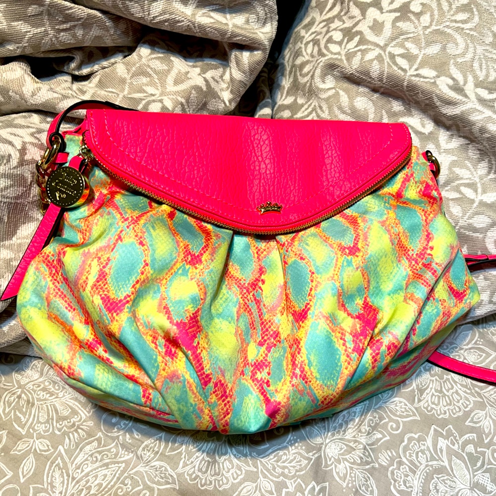 Juicy Couture Neon Preppy Pink Large Tunnel Flap Envelope Cross Body Purse Y2K